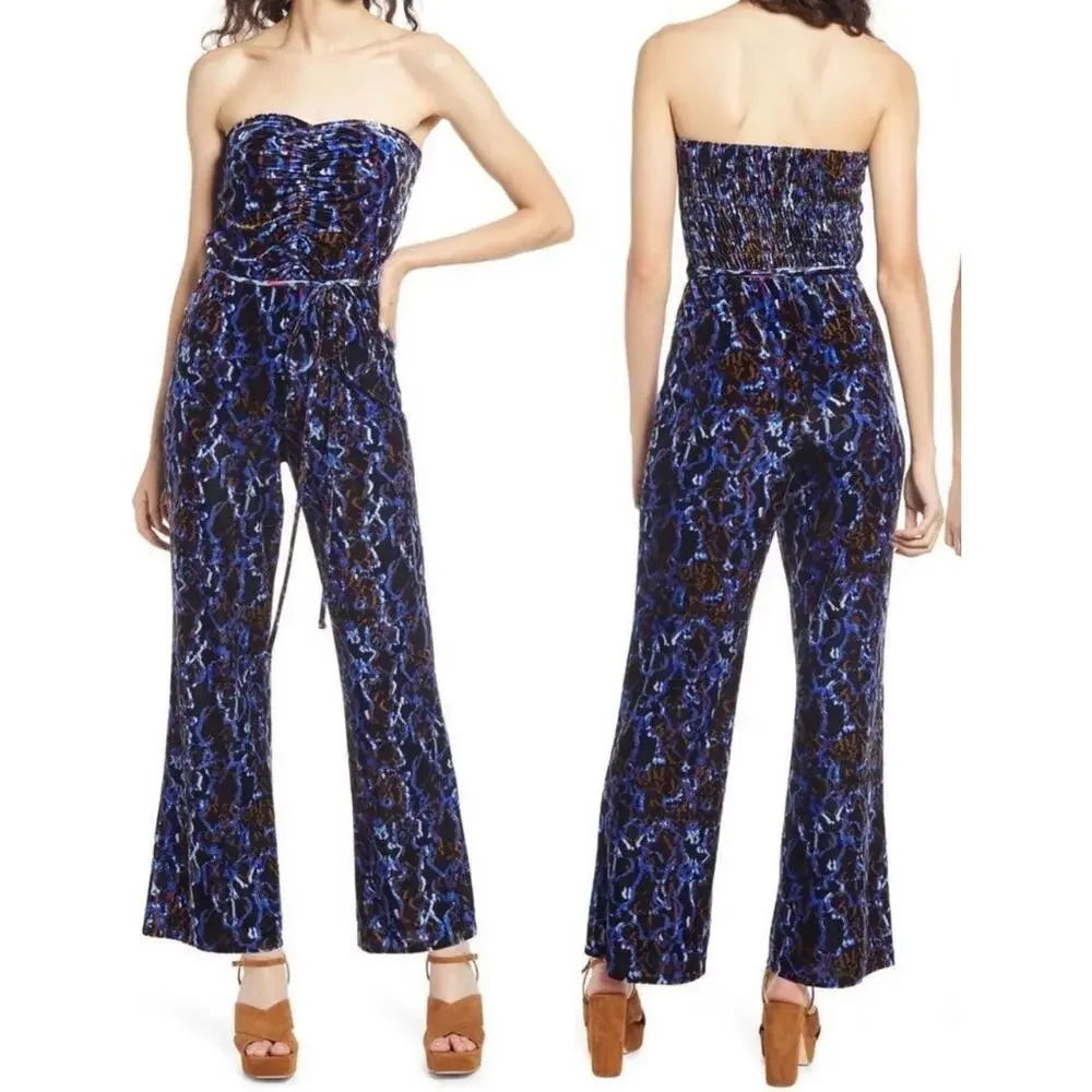 Open Edit Womens Velour Jumpsuit Stretch Strapless Printed Blue Size L. NWOT - Picture 2 of 8